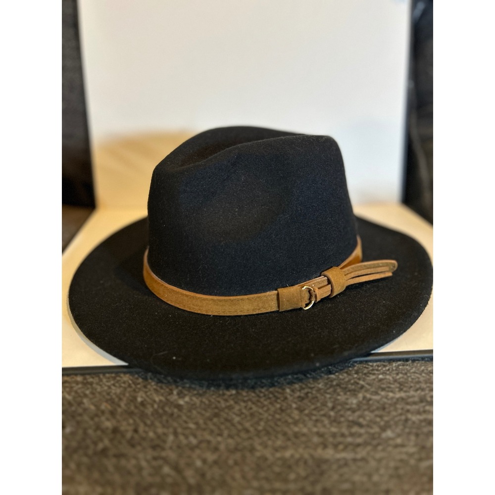 Black Felt Fedora Hat with Tan Suede Band and Tassel Detail Wool blend